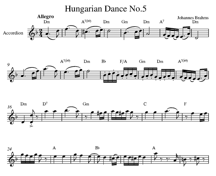 دانلود نت آکاردئون Brahms - Hungarian Dance no.5 